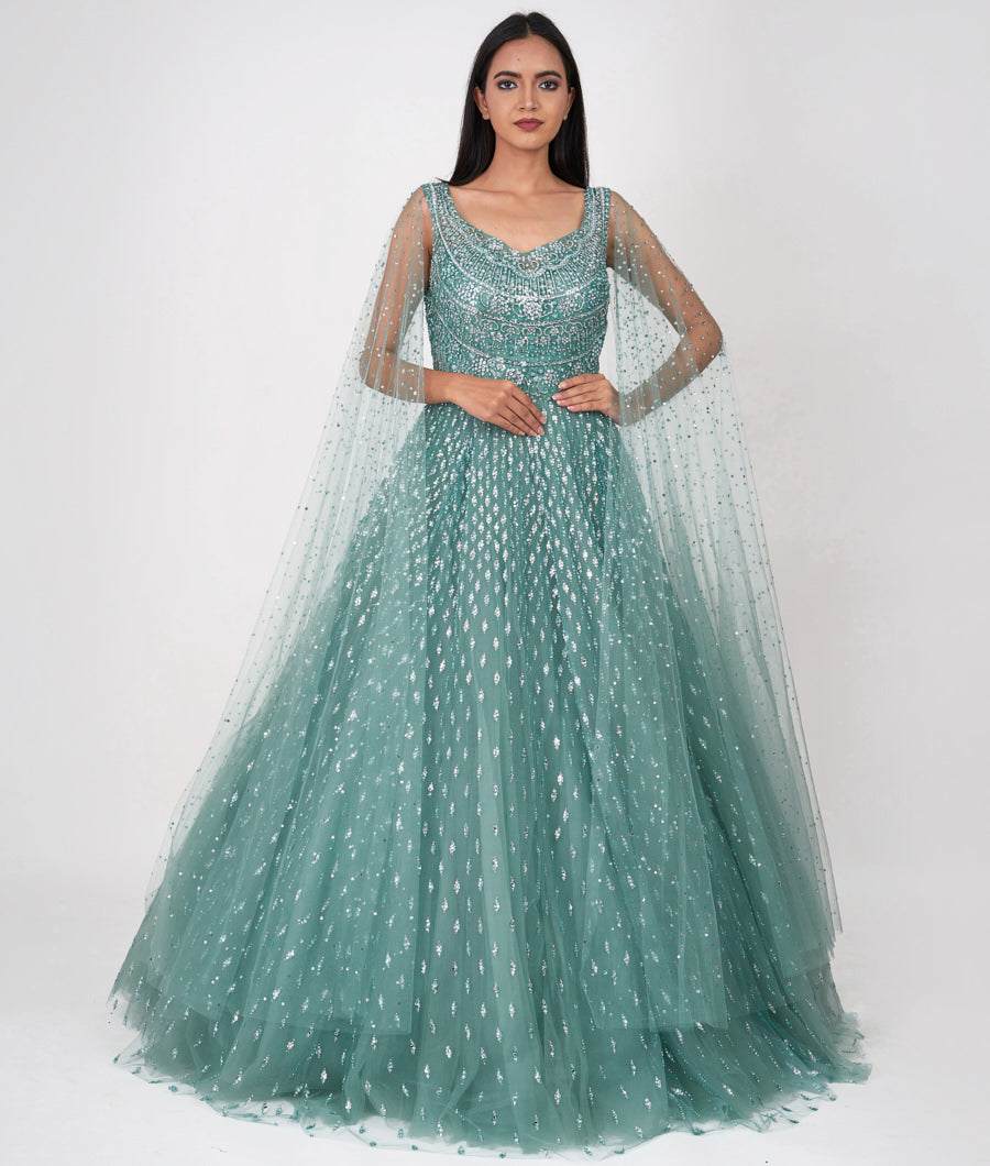 Green Self Sequins With Mirror And Jarkan Stone Work Ball Gown Gown