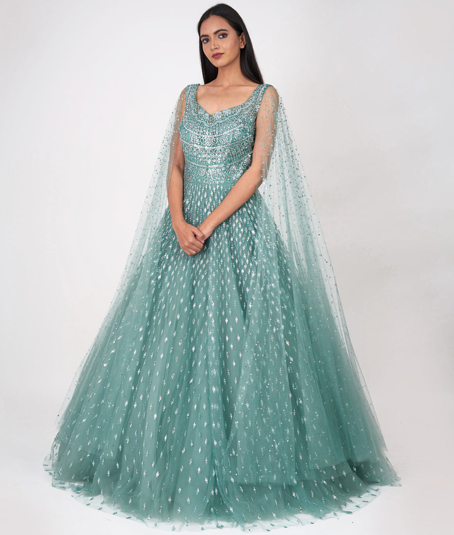 Green Self Sequins With Mirror And Jarkan Stone Work Ball Gown Gown