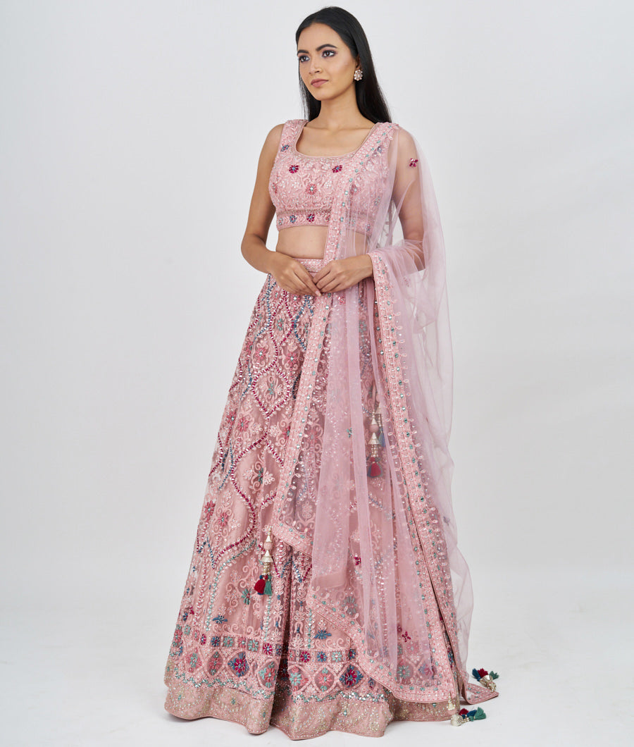 Pink Multi Color Thread And Zari Embroidery With Sequins And Cutdana And Pearl And Jarkan Stone Work  Lehenga