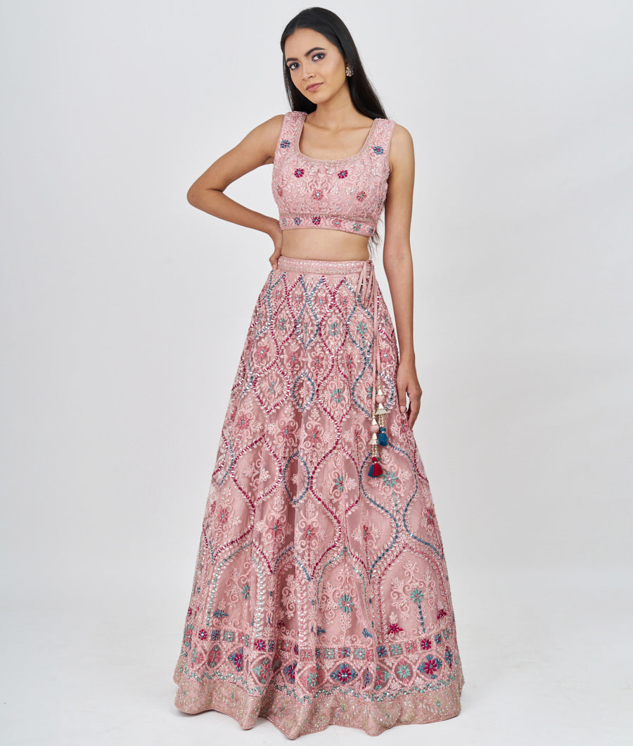 Pink Multi Color Thread And Zari Embroidery With Sequins And Cutdana And Pearl And Jarkan Stone Work  Lehenga