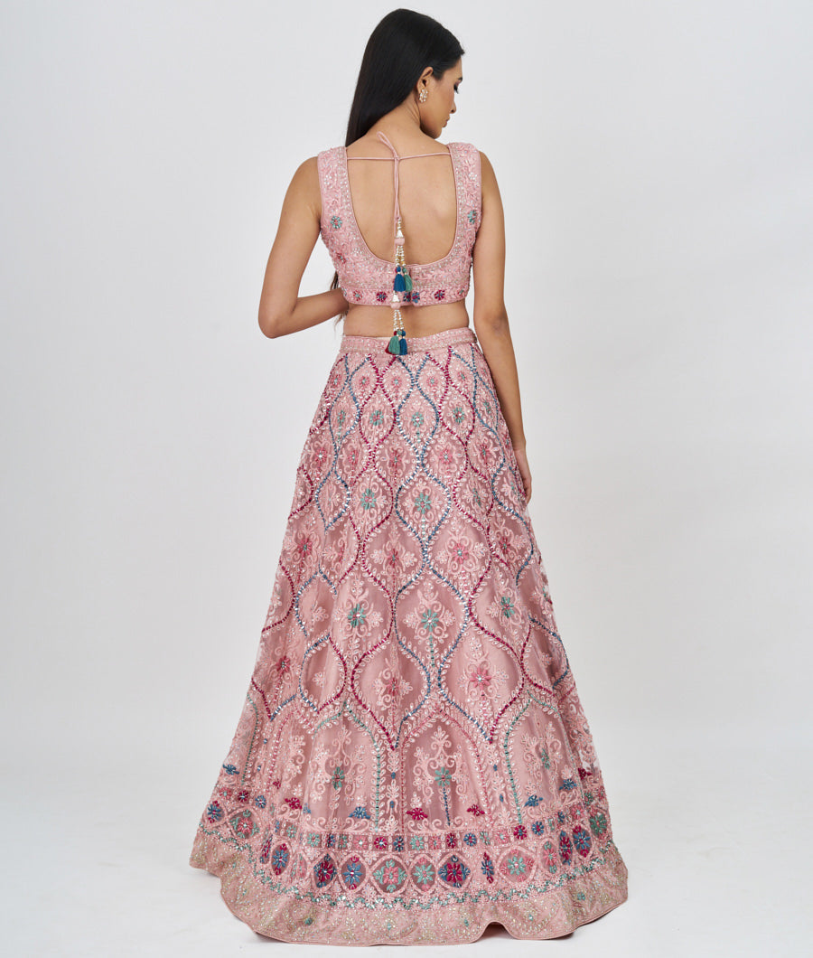 Pink Multi Color Thread And Zari Embroidery With Sequins And Cutdana And Pearl And Jarkan Stone Work  Lehenga