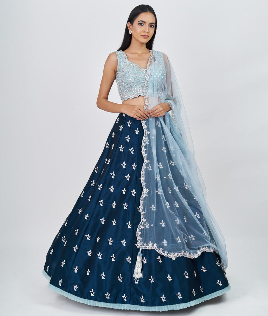 T.Blue/Aqua Pearl With Sequins And Zardosi Work  Lehenga