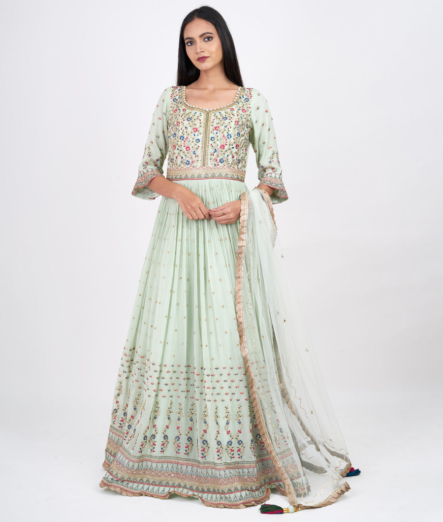 Pista Green Multi Color Thread And Zari Embroidery With Sequins And Kundan Work Anarkali Salwar Kameez