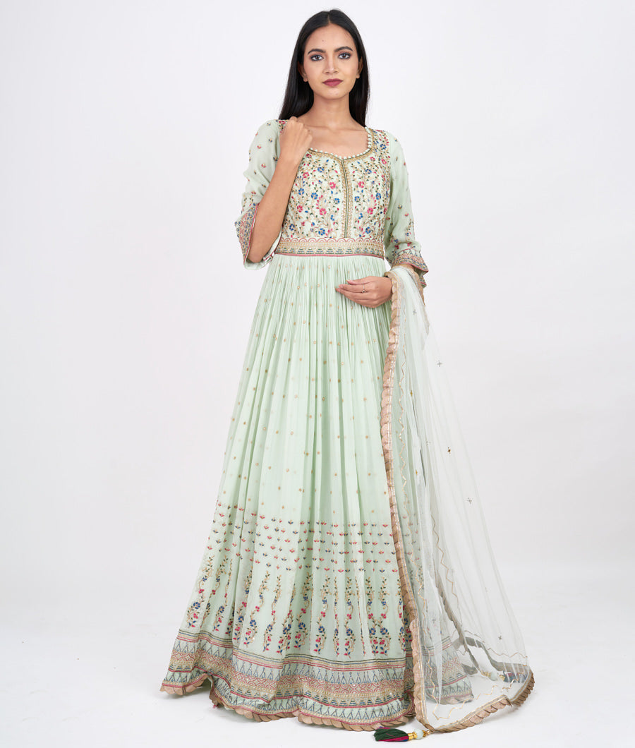 Pista Green Multi Color Thread And Zari Embroidery With Sequins And Kundan Work Anarkali Salwar Kameez