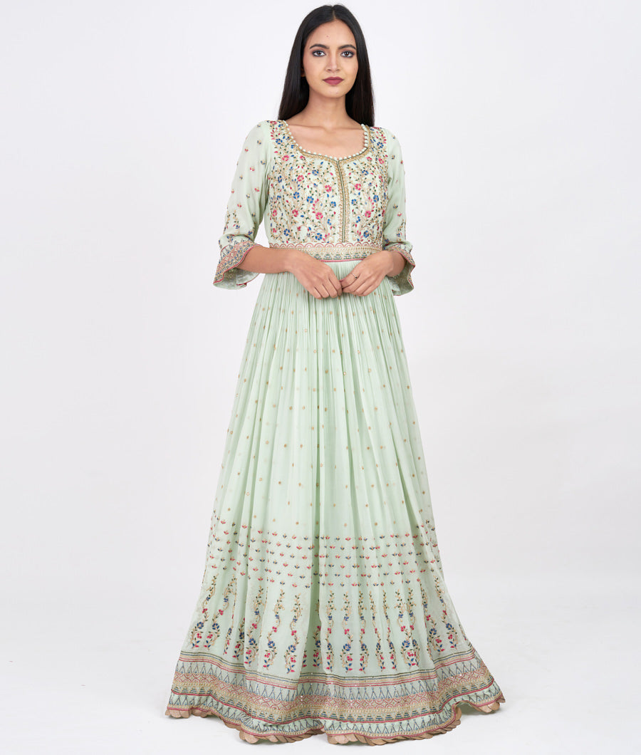 Pista Green Multi Color Thread And Zari Embroidery With Sequins And Kundan Work Anarkali Salwar Kameez