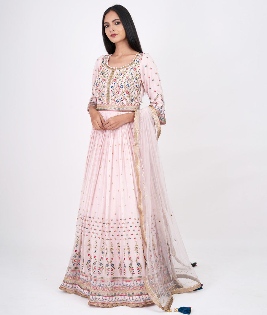 Pink Multi Color Thread And Zari Embroidery With Sequins And Kundan Work Anarkali Salwar Kameez