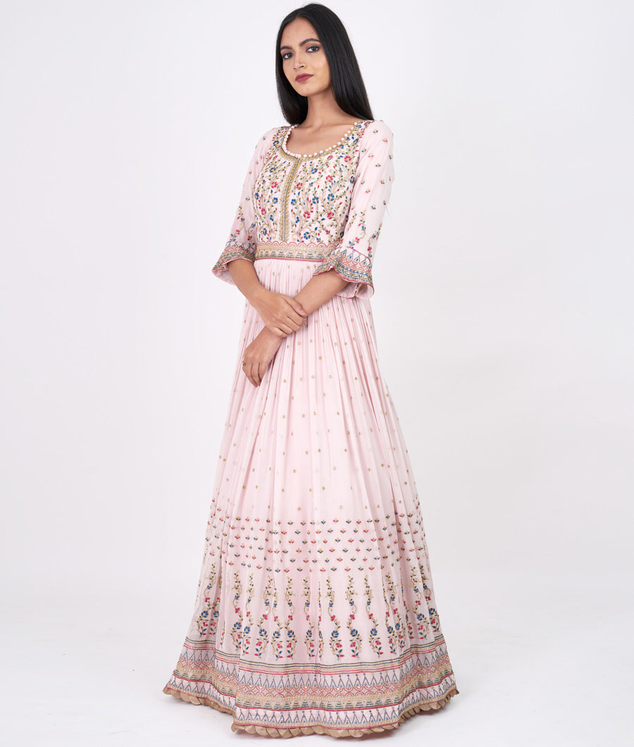 Pink Multi Color Thread And Zari Embroidery With Sequins And Kundan Work Anarkali Salwar Kameez