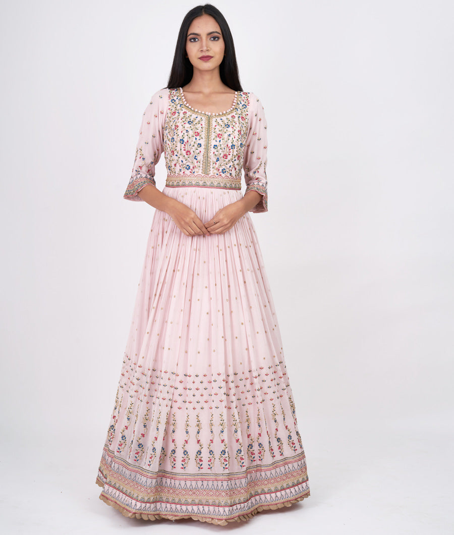 Pink Multi Color Thread And Zari Embroidery With Sequins And Kundan Work Anarkali Salwar Kameez