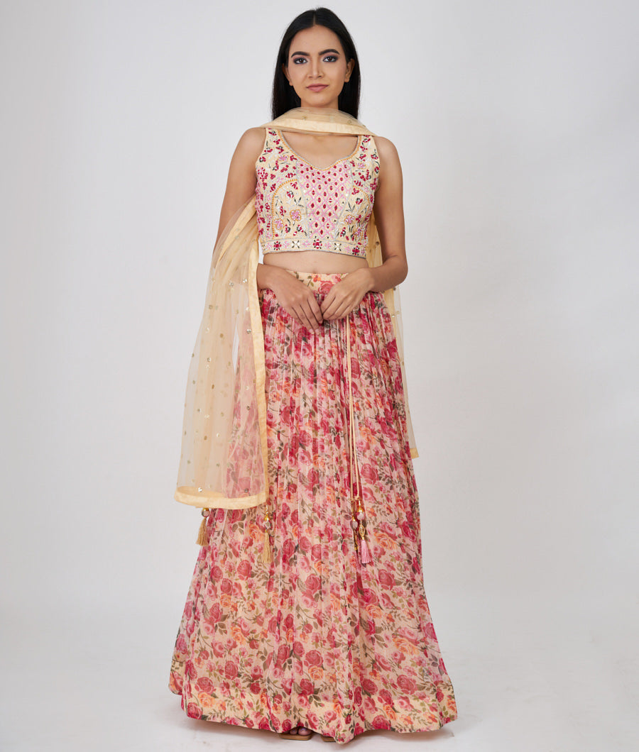 Sandal Floral Print And Thread And Zari Embroidery With Mirror And Jarkan Work  Lehenga