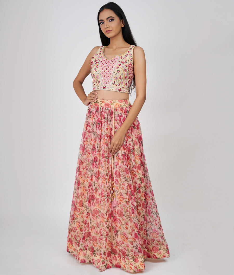 Sandal Floral Print And Thread And Zari Embroidery With Mirror And Jarkan Work  Lehenga