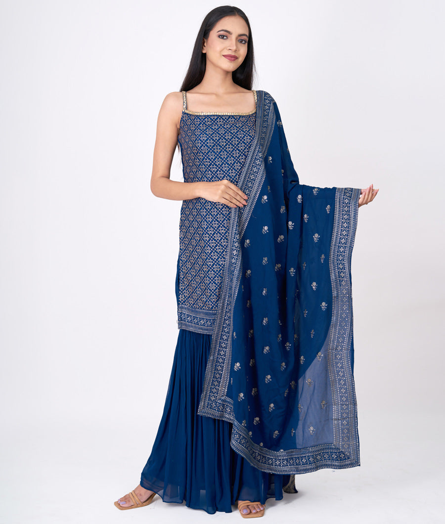 Navy Blue Neck Cutdana And Jarkan Stone Alover Sequins Work And Dupatta Thread Sequins Embroidery  Straight Cut Top With Sharara Bottom Salwar Kameez