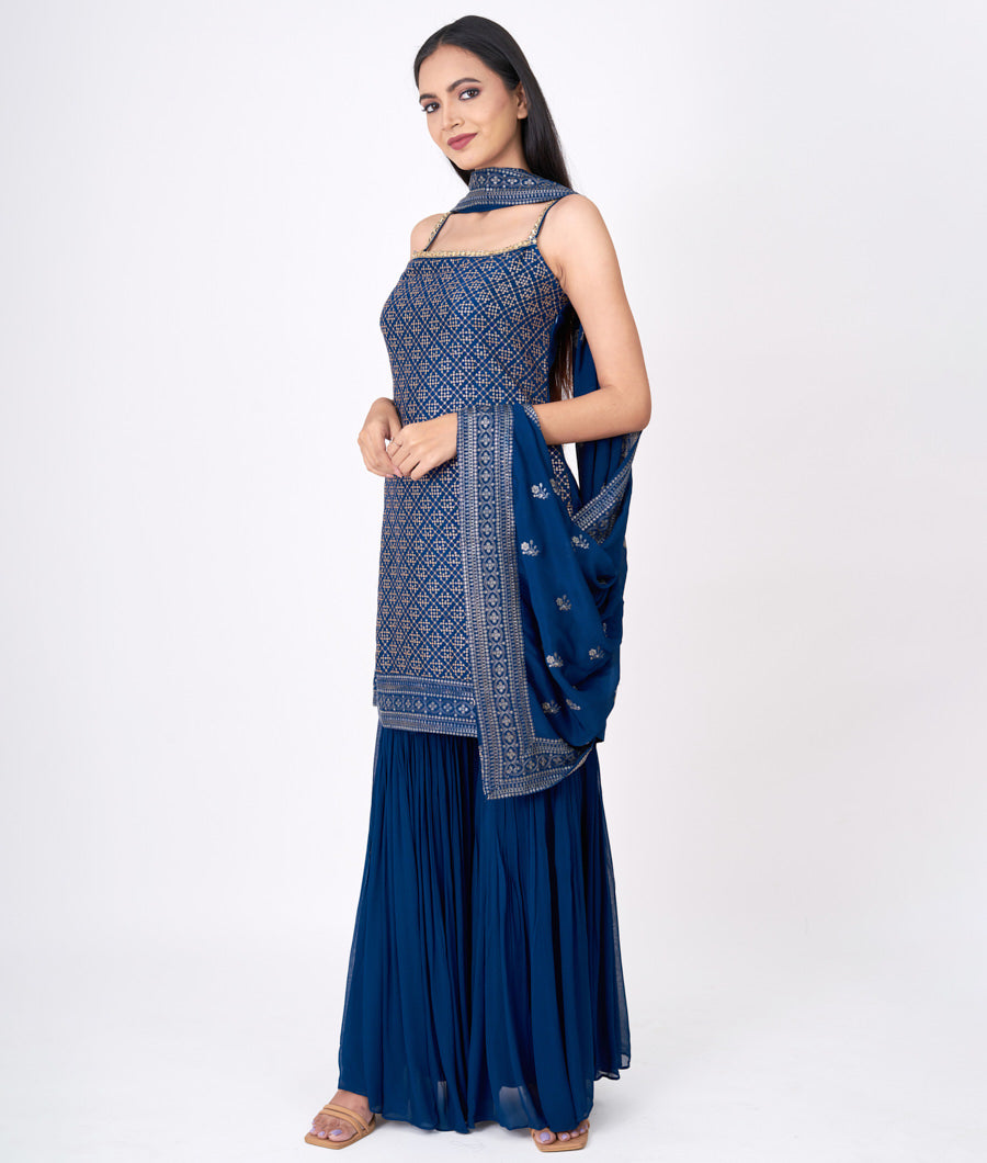 Navy Blue Neck Cutdana And Jarkan Stone Alover Sequins Work And Dupatta Thread Sequins Embroidery  Straight Cut Top With Sharara Bottom Salwar Kameez