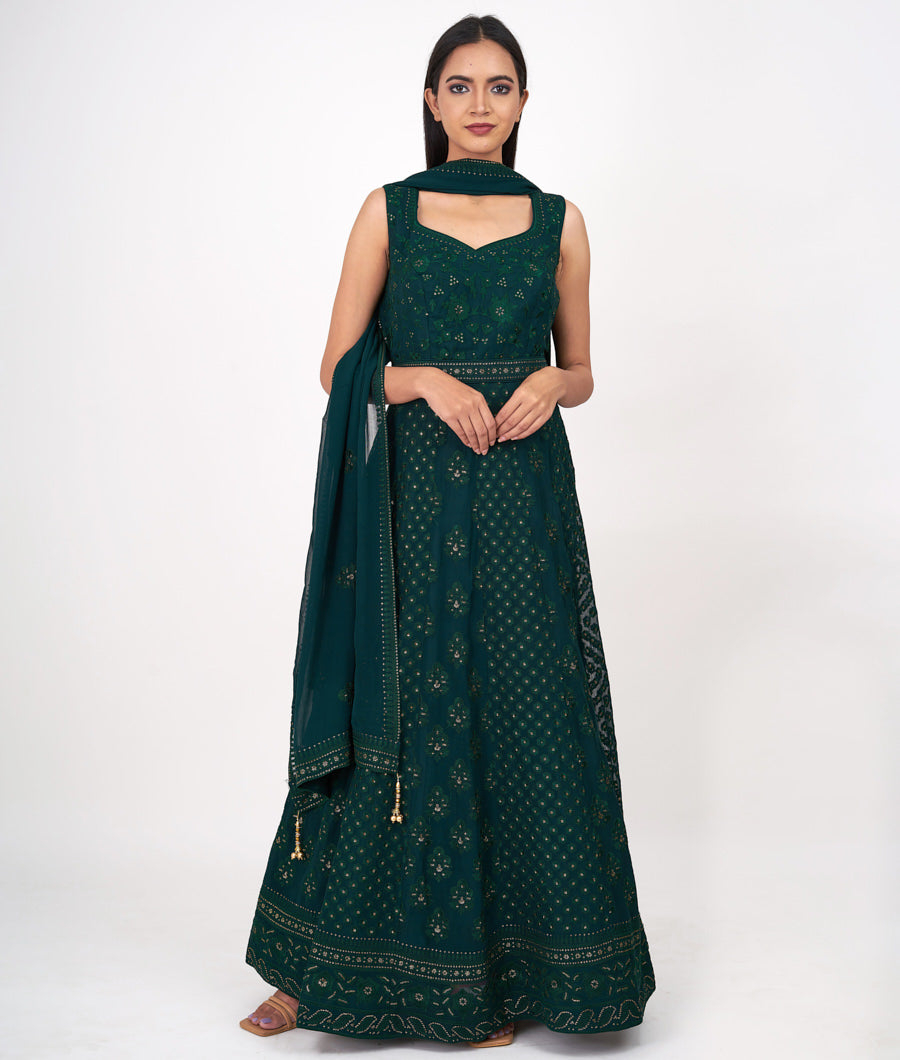 Bottle Green Alover Thread Embroidery With Sequins Anarkali Salwar Kameez