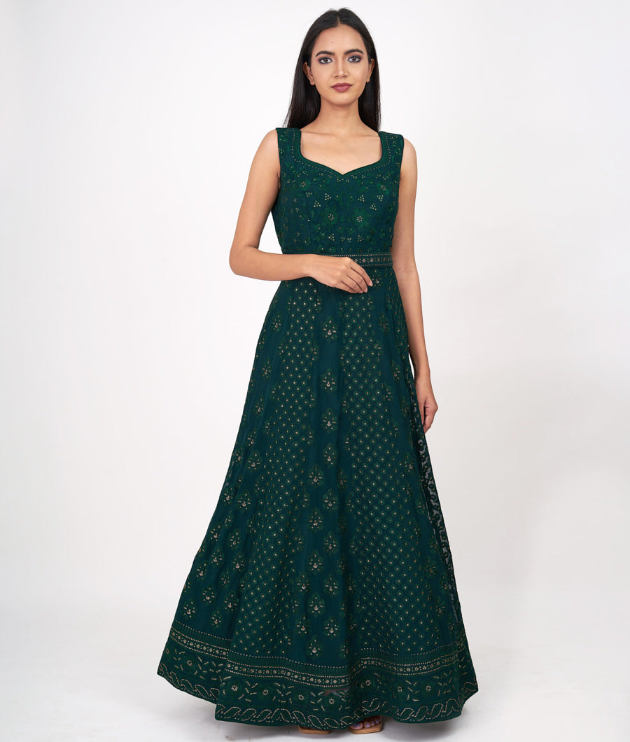 Bottle Green Alover Thread Embroidery With Sequins Anarkali Salwar Kameez