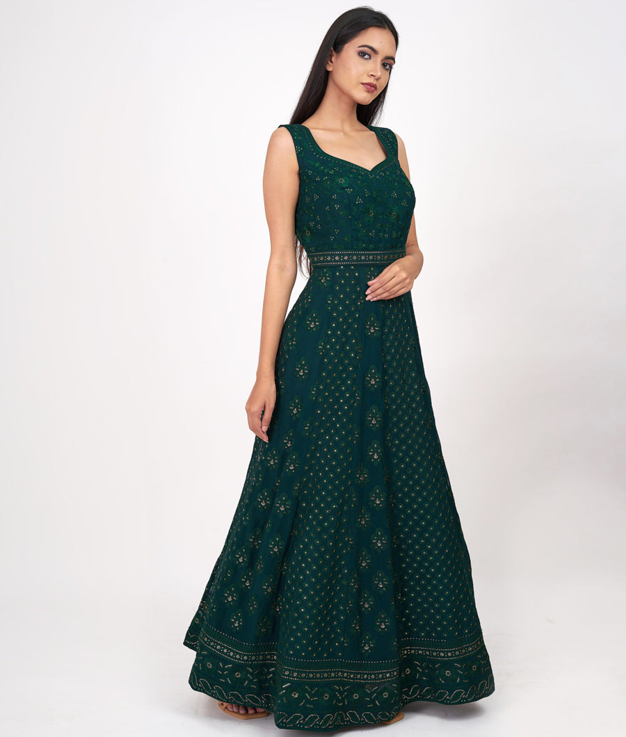 Bottle Green Alover Thread Embroidery With Sequins Anarkali Salwar Kameez