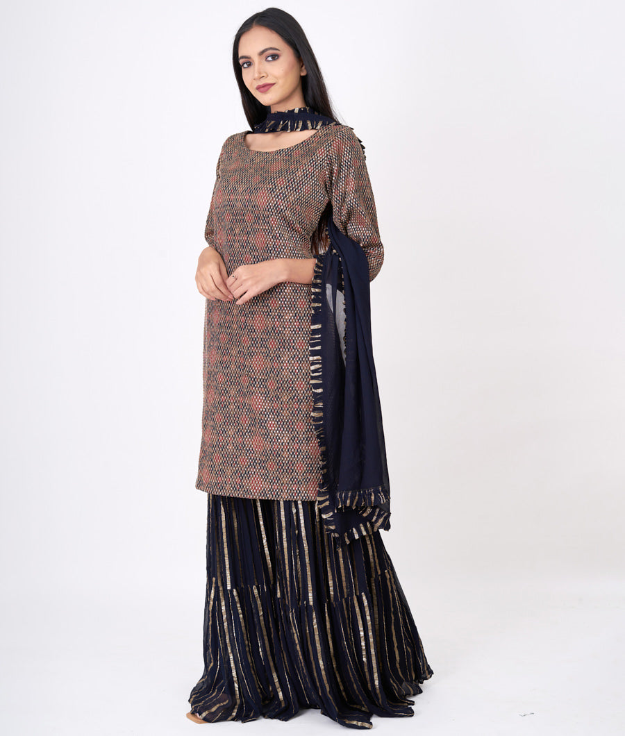 Navy Blue Print With Zari Embroidery Alover Sequins Straight Cut Top With Sharara Bottom Salwar Kameez