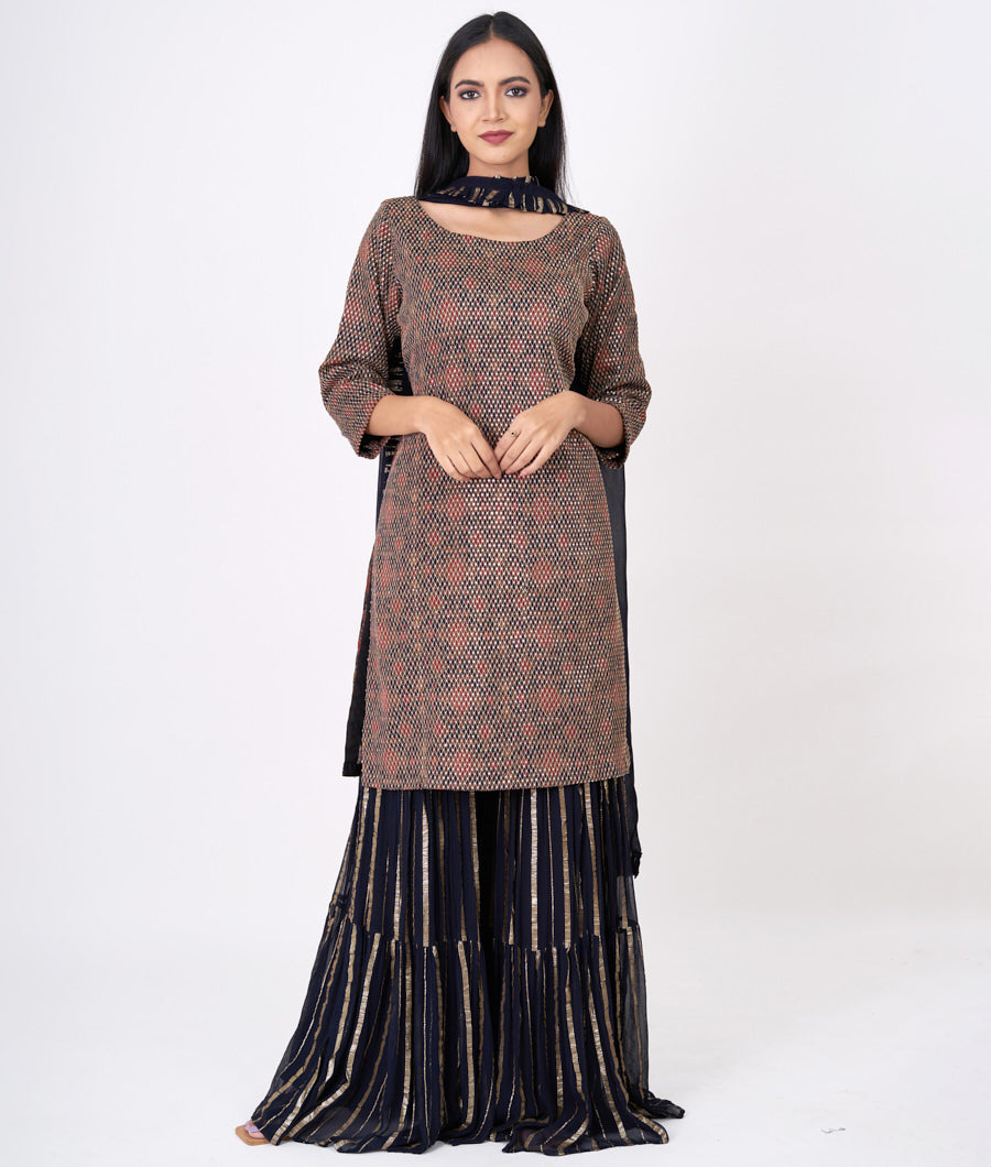 Navy Blue Print With Zari Embroidery Alover Sequins Straight Cut Top With Sharara Bottom Salwar Kameez