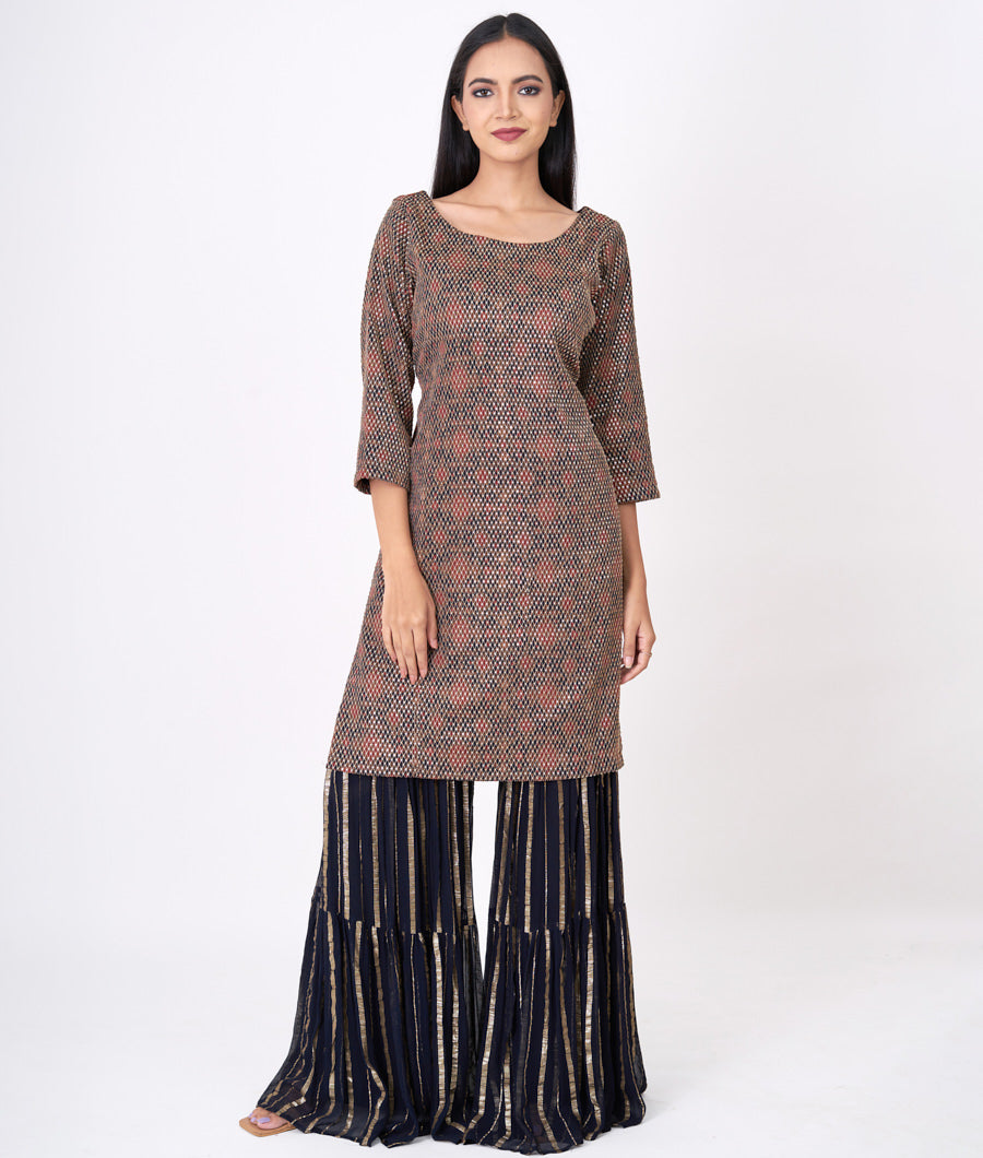 Navy Blue Print With Zari Embroidery Alover Sequins Straight Cut Top With Sharara Bottom Salwar Kameez