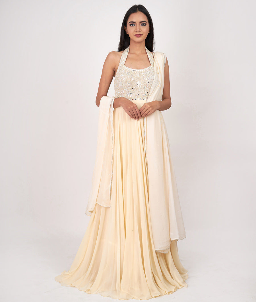 Cream Self Sequins With Pearl And Mirror Work Anarkali Salwar Kameez