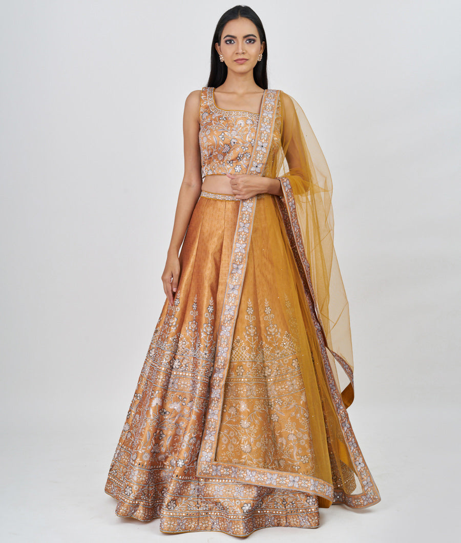 Yellow Digtal Print With Swarovski And Mirror Work  Lehenga