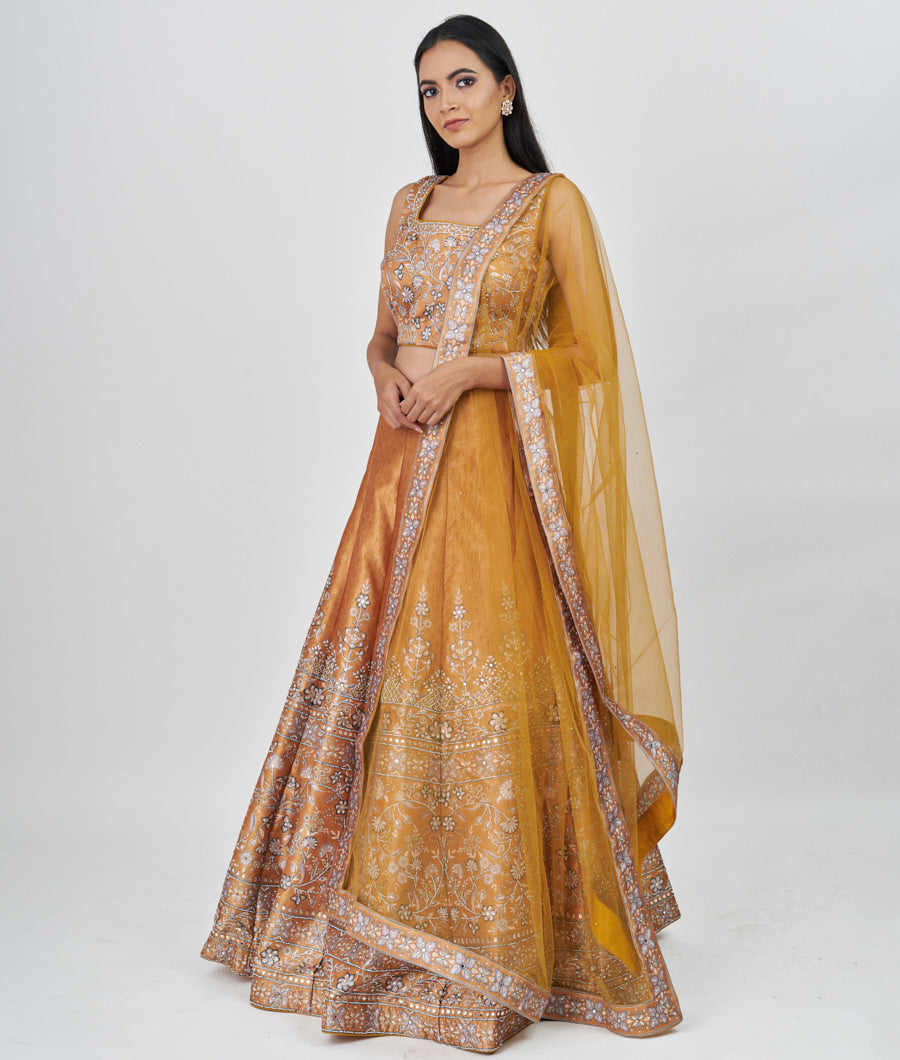 Yellow Digtal Print With Swarovski And Mirror Work  Lehenga