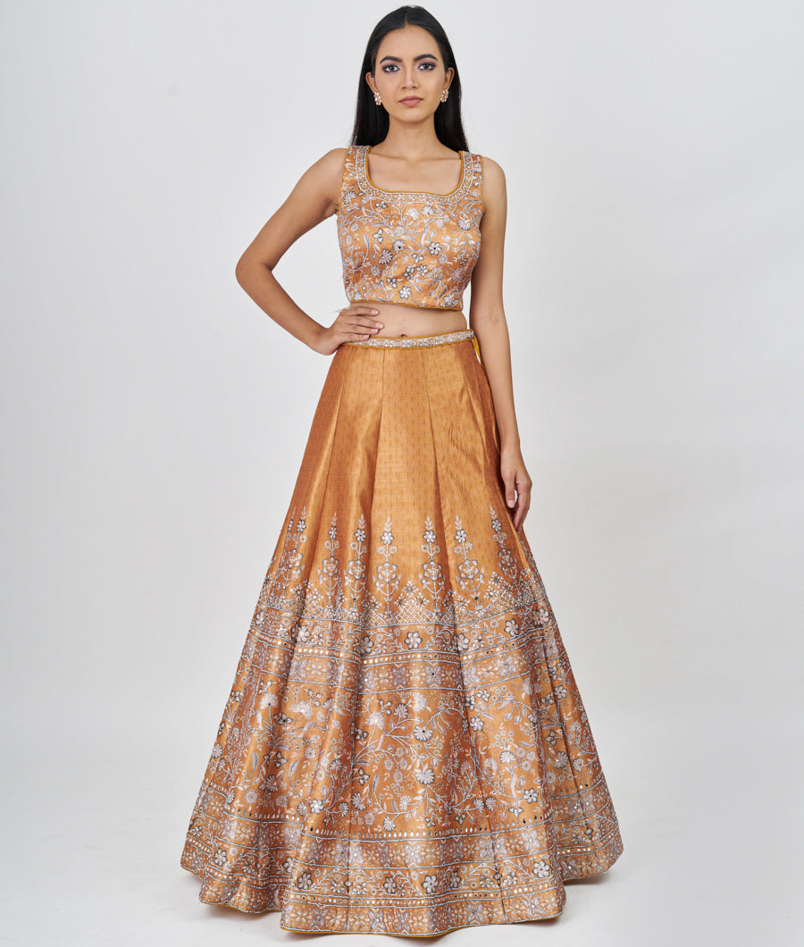 Yellow Digtal Print With Swarovski And Mirror Work  Lehenga