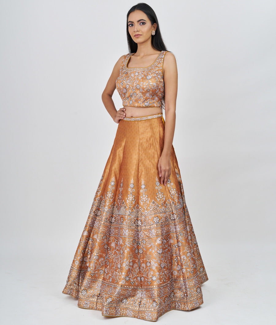 Yellow Digtal Print With Swarovski And Mirror Work  Lehenga