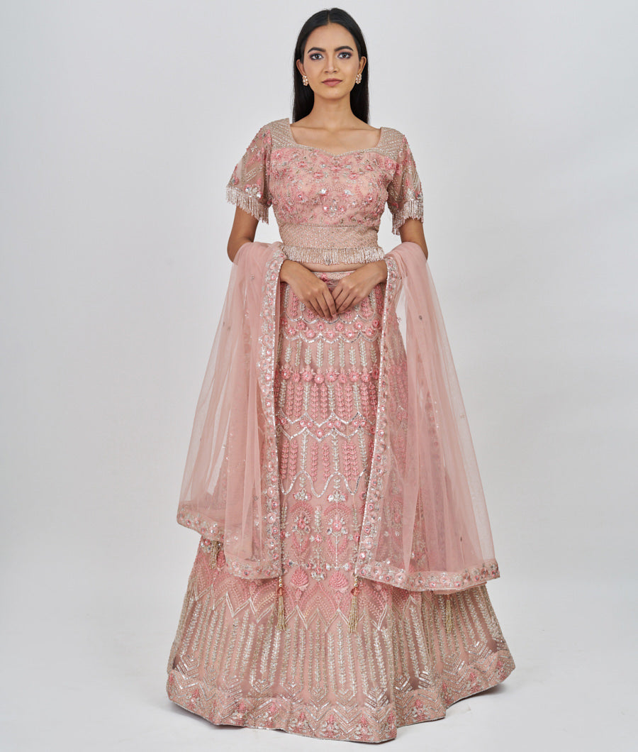 Peach Thread Embroidery With Pearl And Sequins And Cutdana And Stone Work  Lehenga_KNG101428