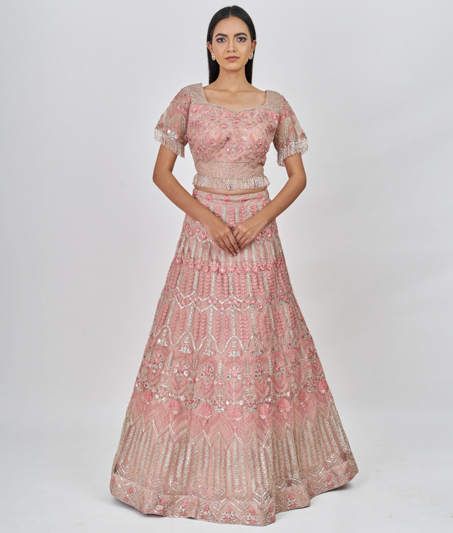 Peach Thread Embroidery With Pearl And Sequins And Cutdana And Stone Work  Lehenga_KNG101428