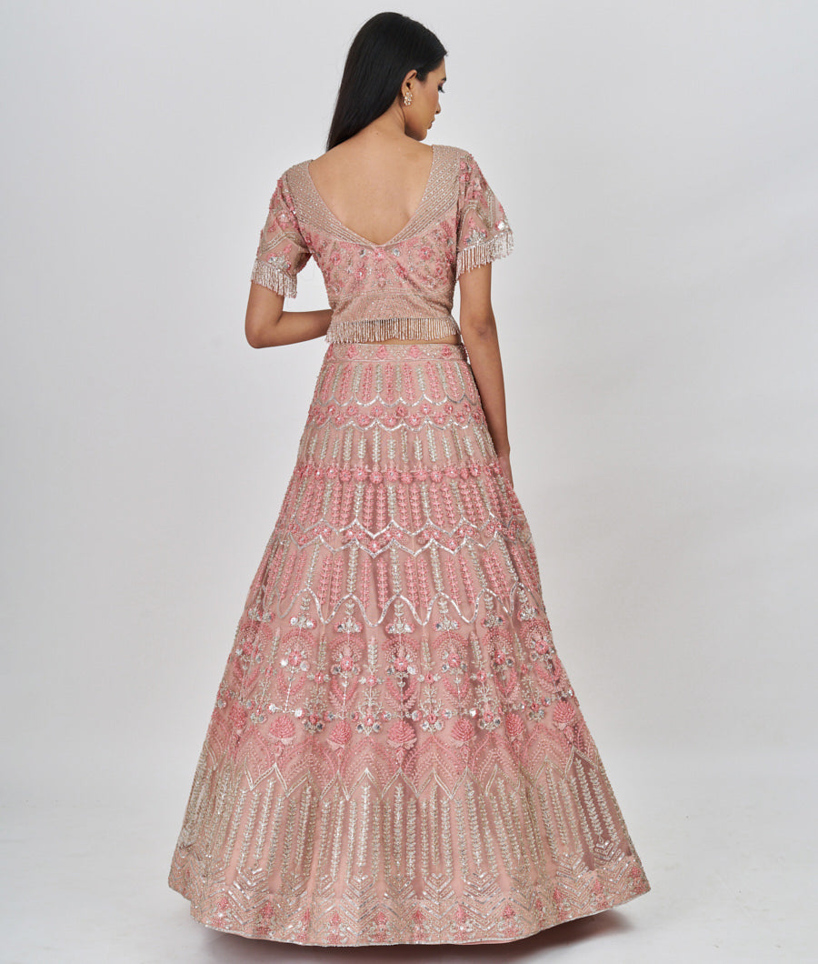 Peach Thread Embroidery With Pearl And Sequins And Cutdana And Stone Work  Lehenga_KNG101428