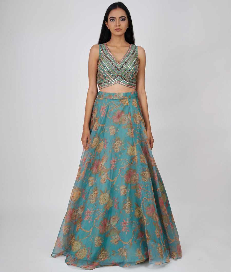 Sandal Floral Print And Multi Color Thread Embroidery With Mirror And Sequins And Jarkan Work  Lehenga