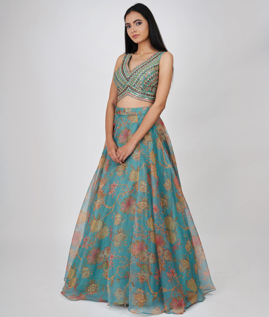 Sandal Floral Print And Multi Color Thread Embroidery With Mirror And Sequins And Jarkan Work  Lehenga