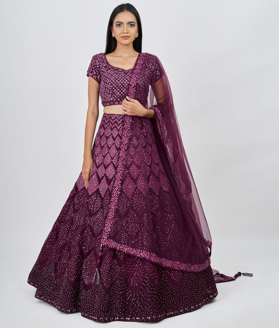 Wine Thread Embroidery With Sequins And Zardosi And Jarkan Stone Work  Lehenga