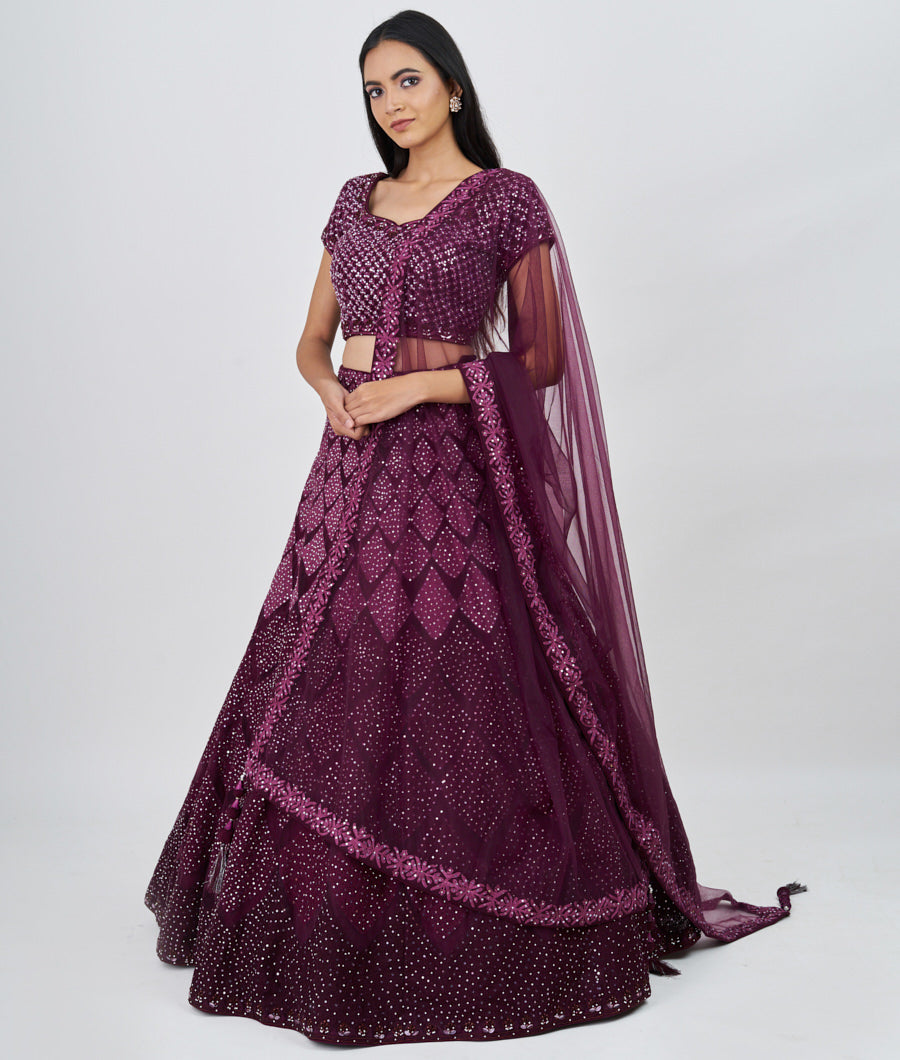 Wine Thread Embroidery With Sequins And Zardosi And Jarkan Stone Work  Lehenga