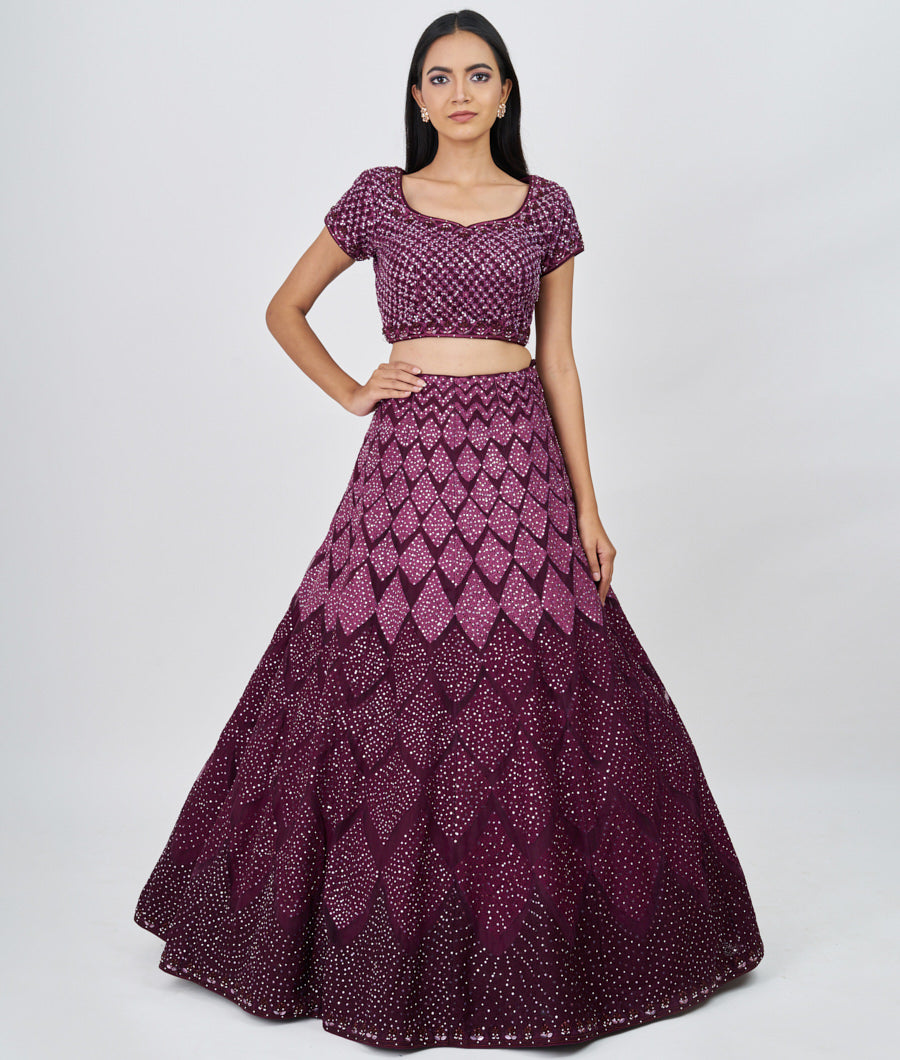 Wine Thread Embroidery With Sequins And Zardosi And Jarkan Stone Work  Lehenga