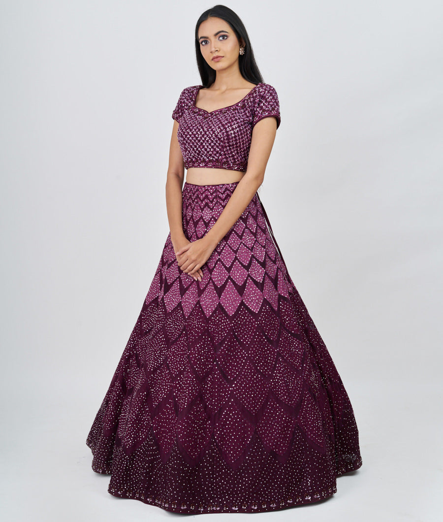 Wine Thread Embroidery With Sequins And Zardosi And Jarkan Stone Work  Lehenga