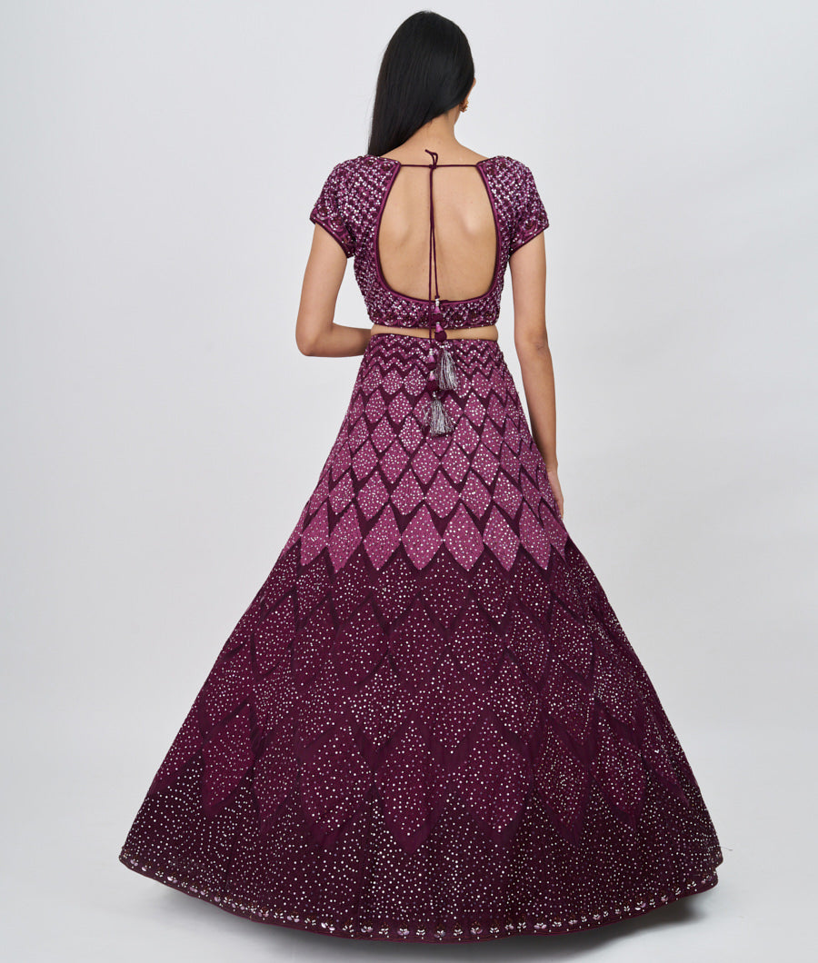 Wine Thread Embroidery With Sequins And Zardosi And Jarkan Stone Work  Lehenga