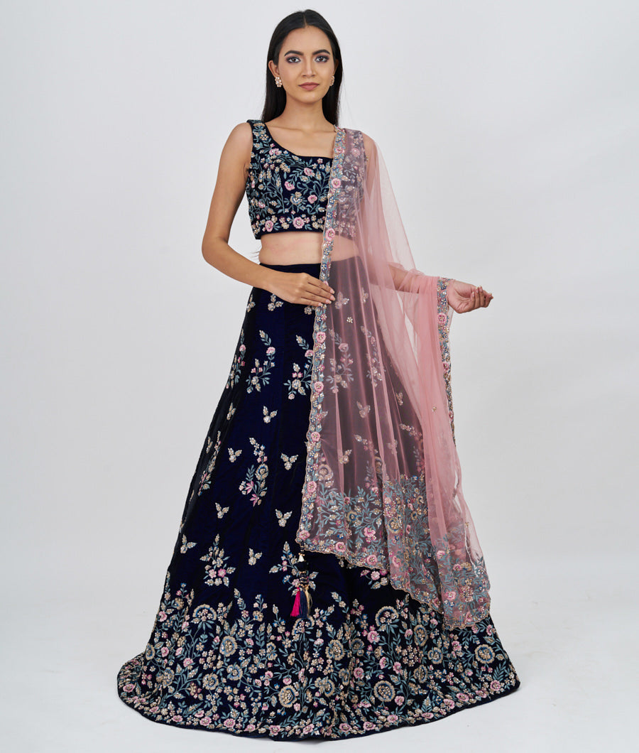 Navy Blue Multi Color Thread Embroidery With Sequins And Pearl And Zardosi Work  Lehenga