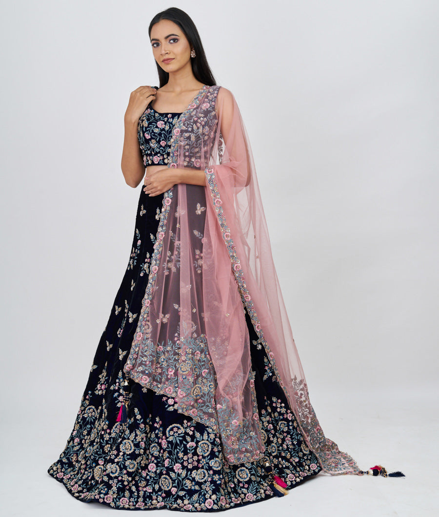 Navy Blue Multi Color Thread Embroidery With Sequins And Pearl And Zardosi Work  Lehenga