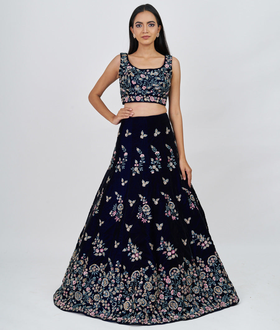 Navy Blue Multi Color Thread Embroidery With Sequins And Pearl And Zardosi Work  Lehenga