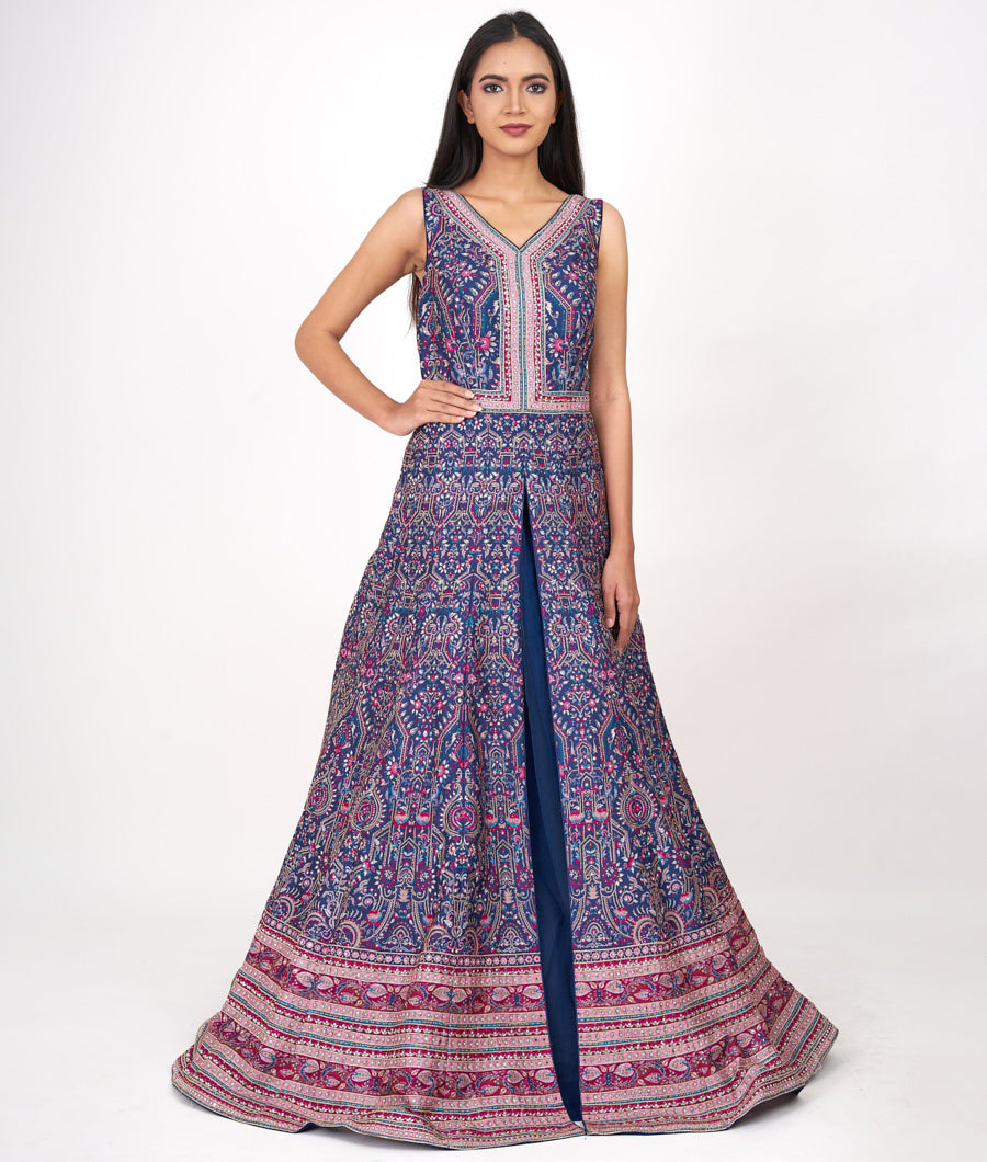 Navy Blue Digtal Print With Swarovski Stone And Stone Work Indo Western Gown