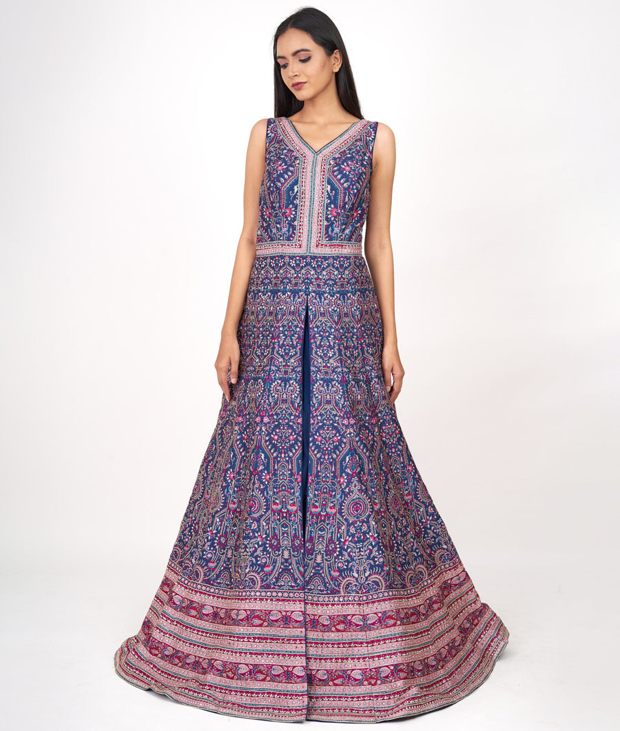 Navy Blue Digtal Print With Swarovski Stone And Stone Work Indo Western Gown