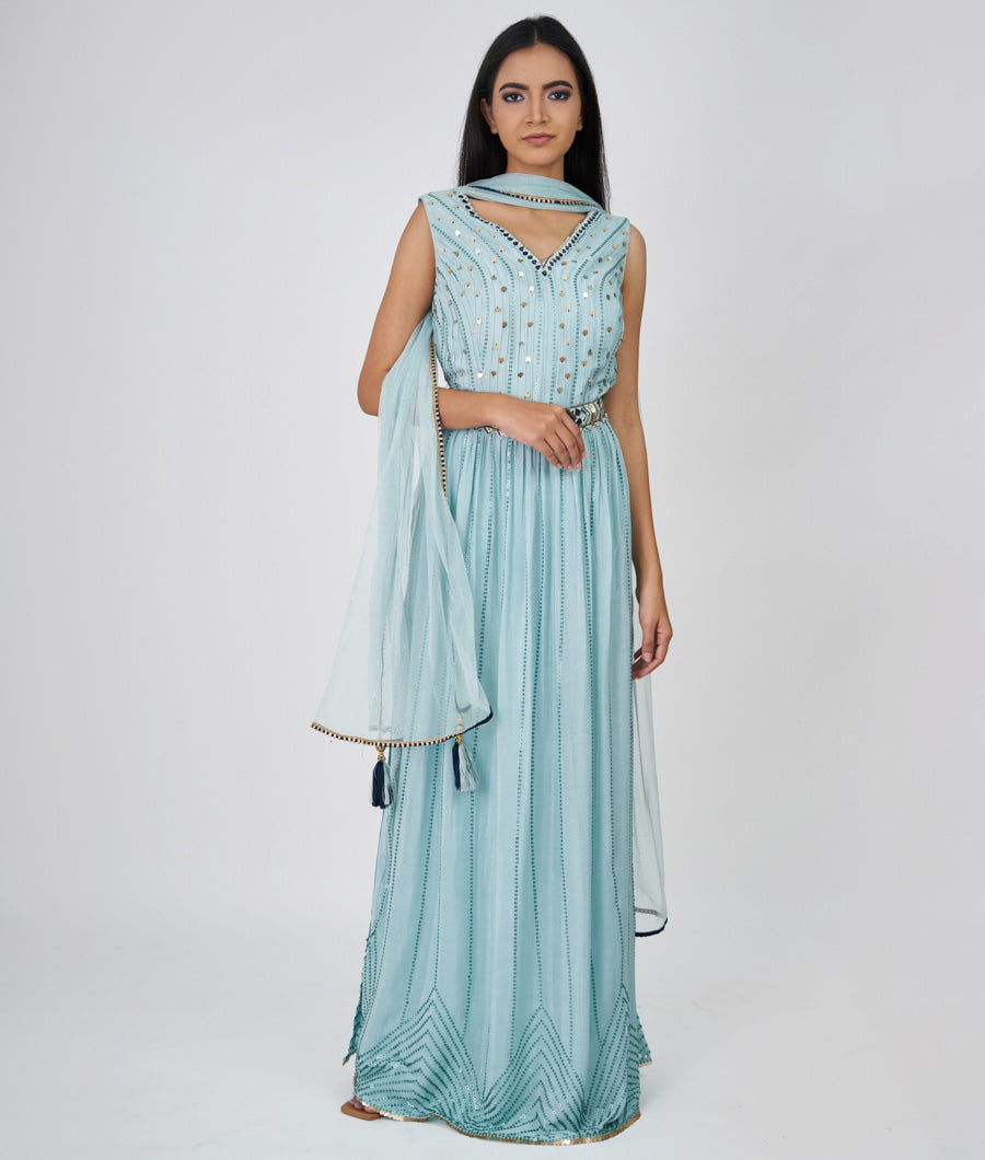 Aqua Sequins With Mirror Work Straight Cut Top With Palazzo Set Salwar Kameez