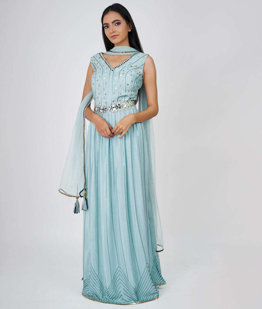 Aqua Sequins With Mirror Work Straight Cut Top With Palazzo Set Salwar Kameez