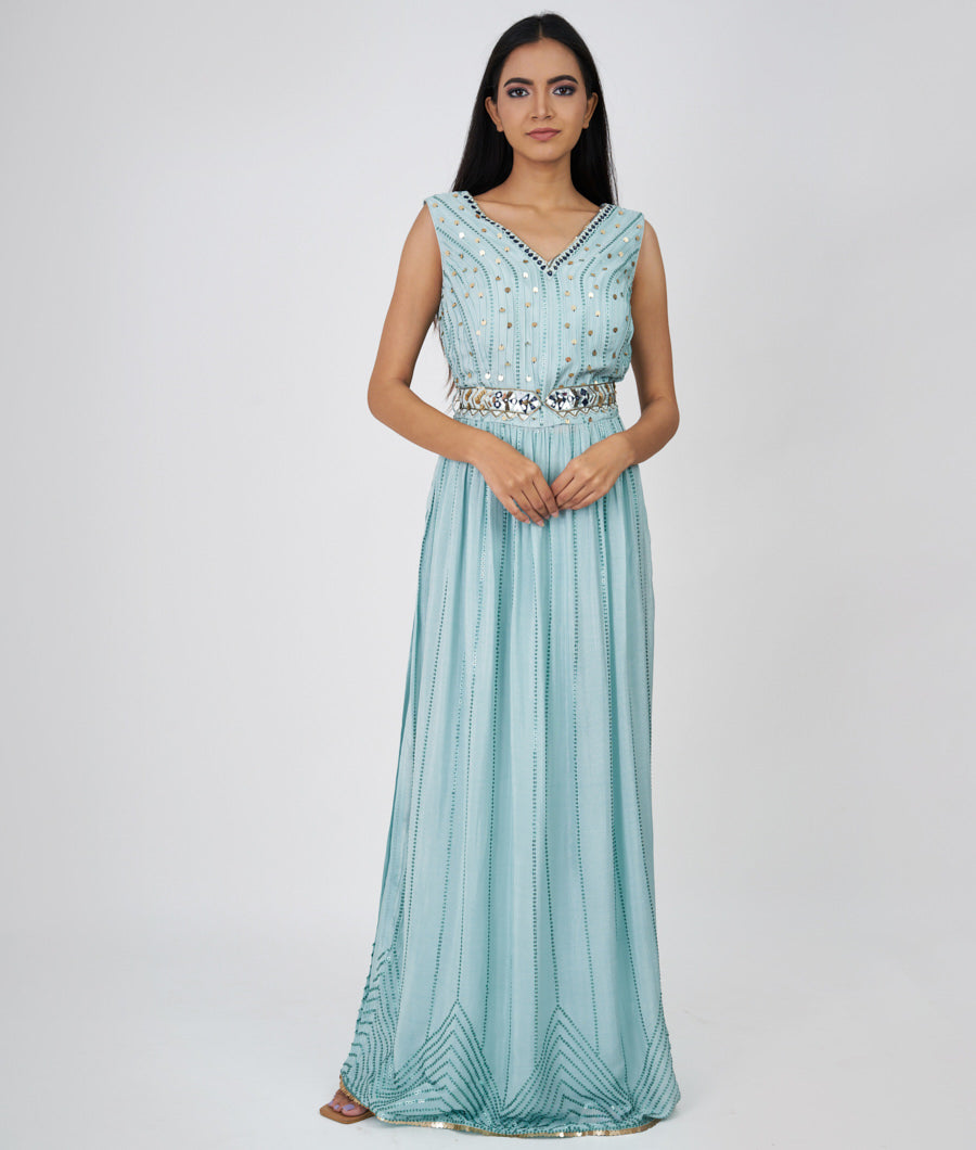 Aqua Sequins With Mirror Work Straight Cut Top With Palazzo Set Salwar Kameez