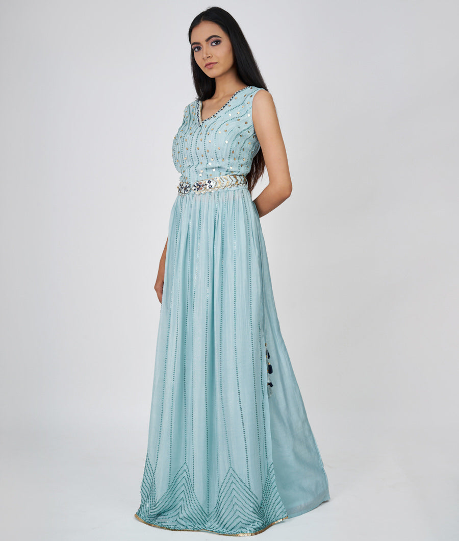 Aqua Sequins With Mirror Work Straight Cut Top With Palazzo Set Salwar Kameez