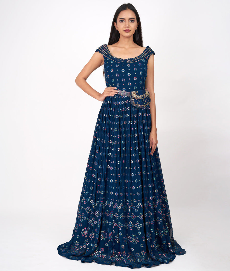 Navy Blue Alover Thread Embroidery With Multi Color Sequins Work Anarkali Salwar Kameez