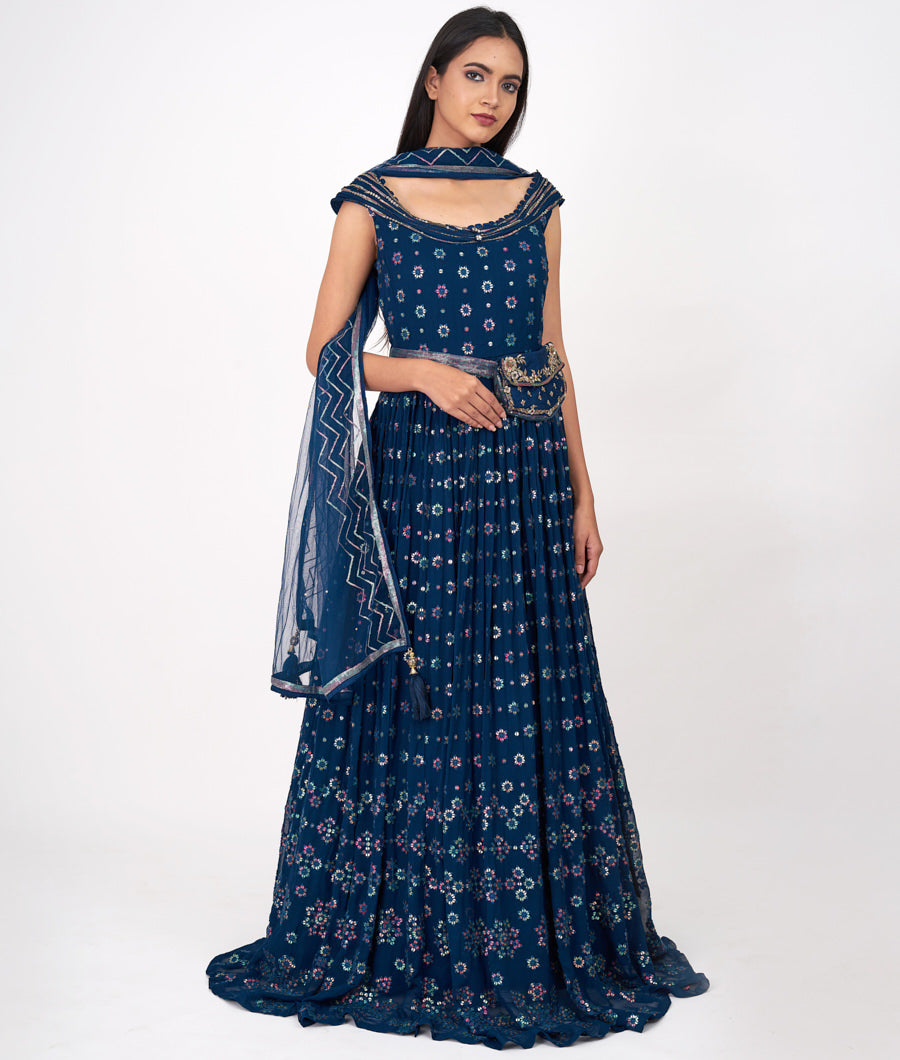 Navy Blue Alover Thread Embroidery With Multi Color Sequins Work Anarkali Salwar Kameez