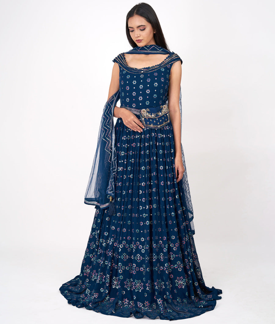 Navy Blue Alover Thread Embroidery With Multi Color Sequins Work Anarkali Salwar Kameez