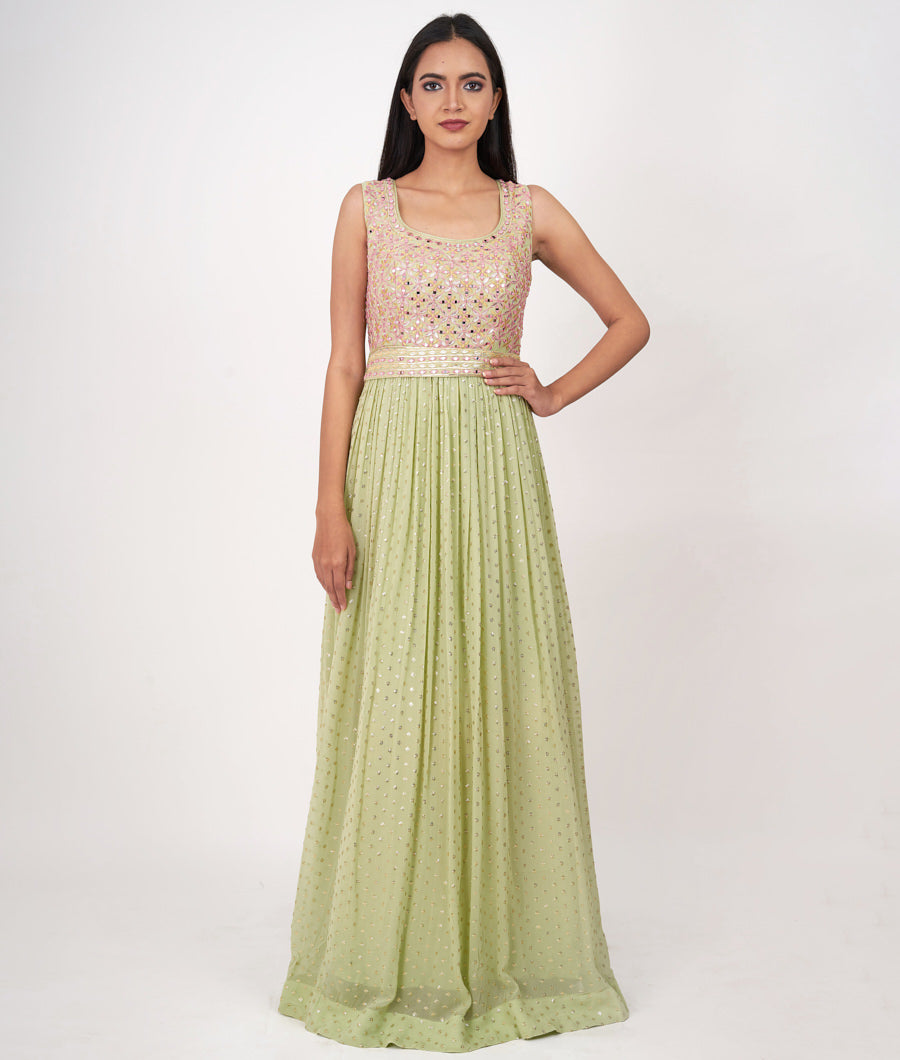 Pista Green Thread Embroidery With Sequins And Mirror And Leather Applic Anarkali Salwar Kameez